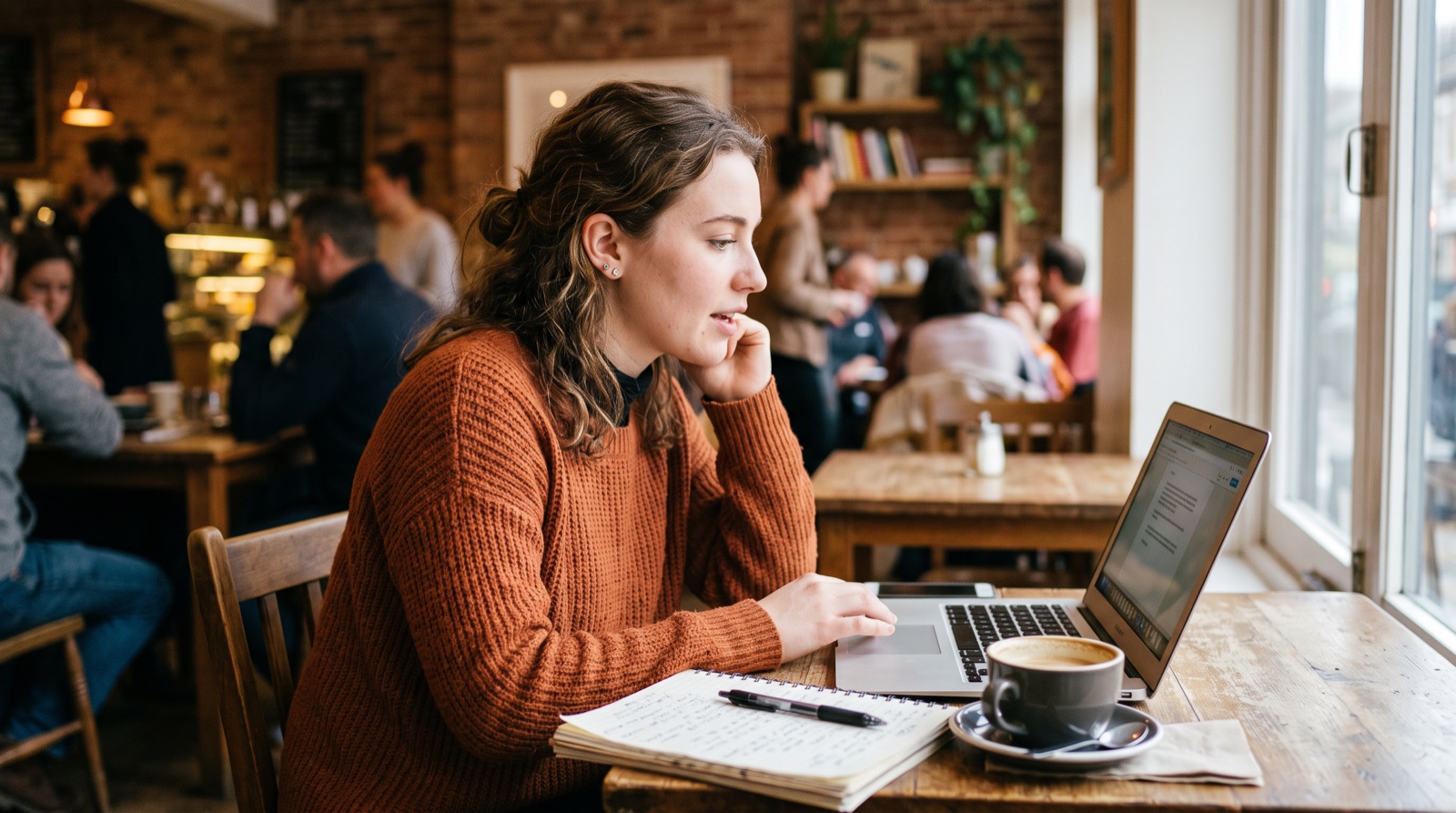 A student dictating study notes into a laptop in a cafe