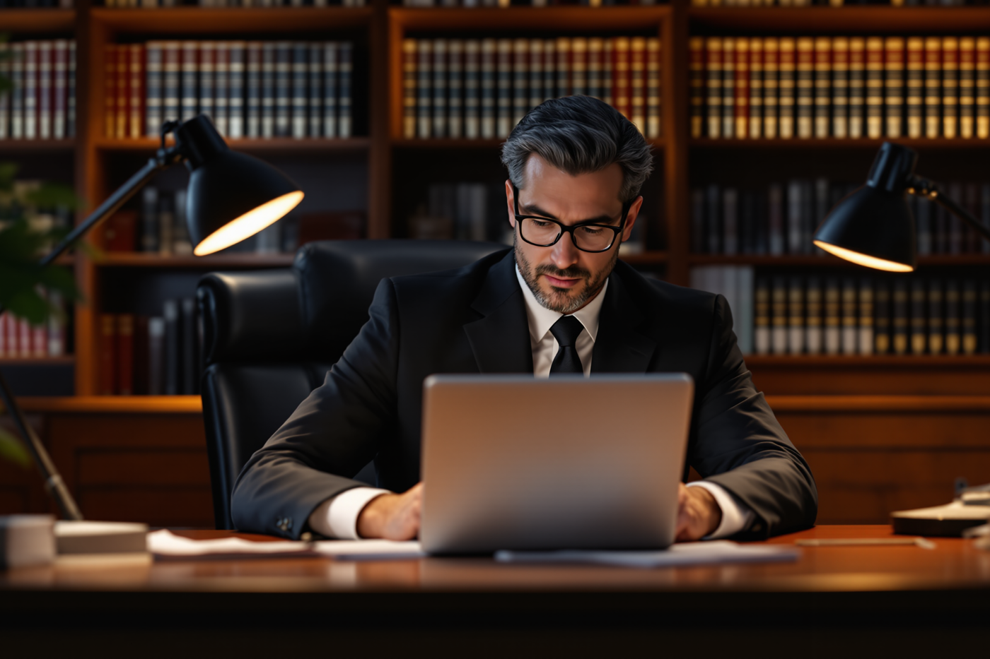 A lawyer reviewing case documents privately at a laptop in the evening